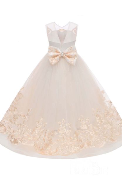 Long Scoop Neck Sleeveless Ball Gown Lace Flower Girl Dress