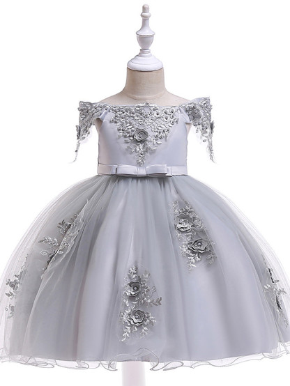 Princess Above Knee Wedding / Party / Pageant Flower Girl Dresses - Satin / Tulle Short Sleeve Off Shoulder With Lace / Beading / Appliques