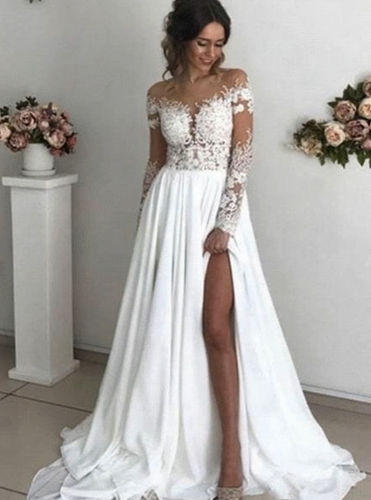 Elegant Long A-line Chiffon Lace Long Sleeves Wedding Dress with Slit