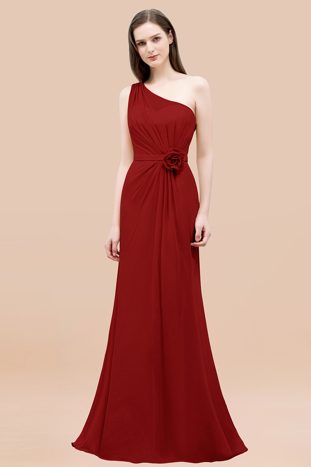 Mermaid Chiffon One-shoulder Sleeveless Ruffled Floor-Length Bridesmaid Dresses with Flower