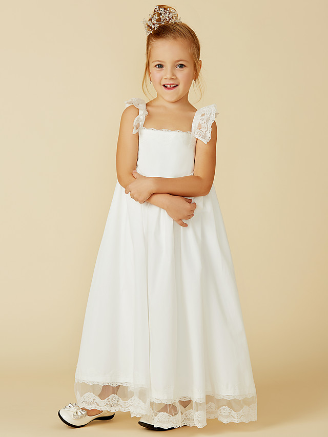 A-Line Ankle Length Wedding / First Communion Flower Girl Dresses - Lace / Cotton Sleeveless Straps With Pleats