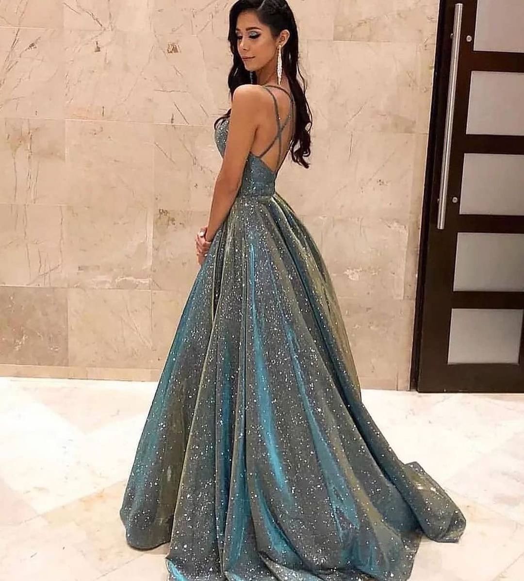 Long A-line V-neck Backless Floor-length Prom Dress With Ruffles