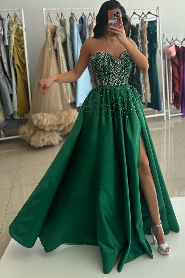 Split Front Strapless Sweetheart A-Line Prom Dress with Beads