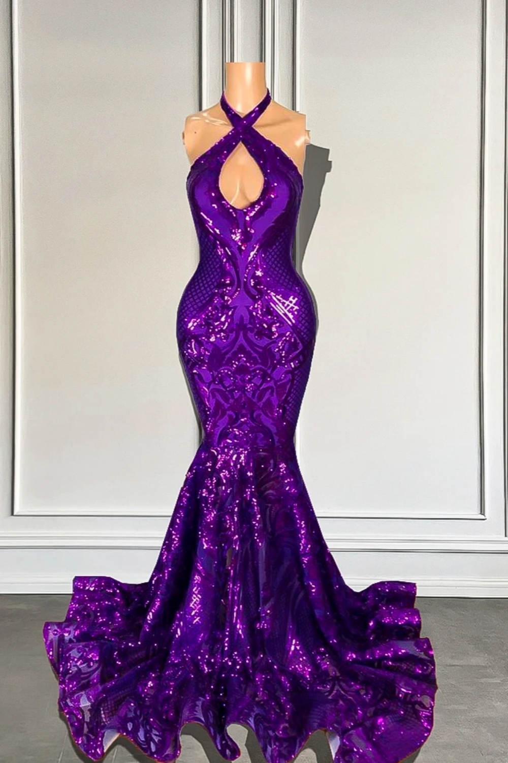 Purple Long Halter Keyhole Mermaid Sequined Prom Dresses