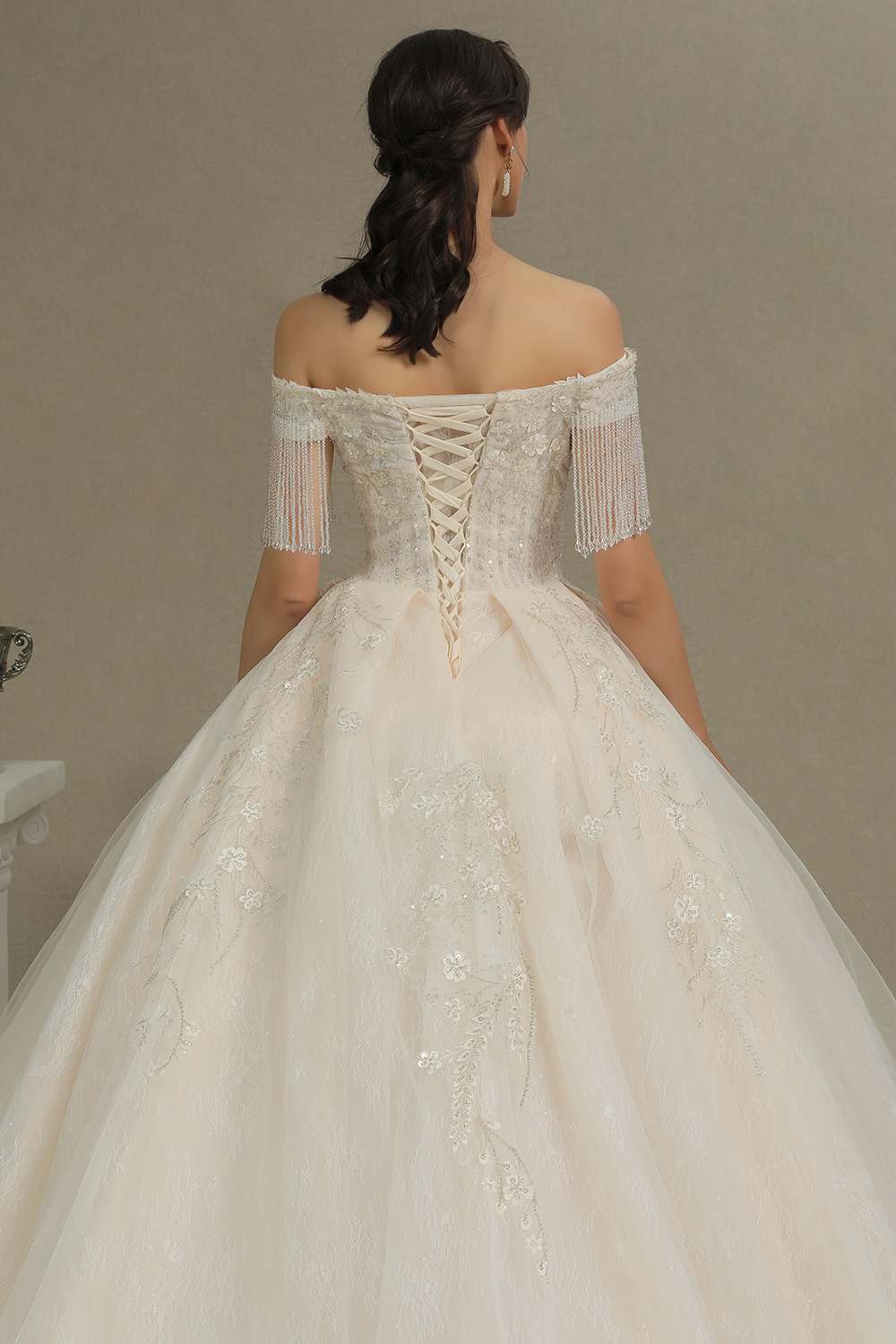 CPH224 Appliques Beads Off-the-shoulder Tassel Ball Gown Wedding Dress