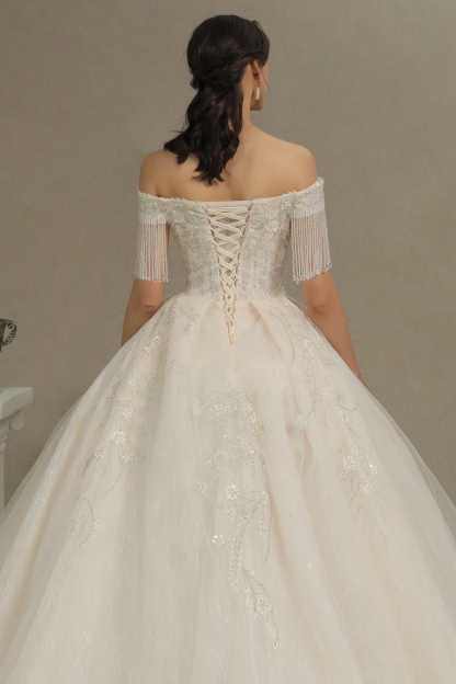 CPH224 Appliques Beads Off-the-shoulder Tassel Ball Gown Wedding Dress