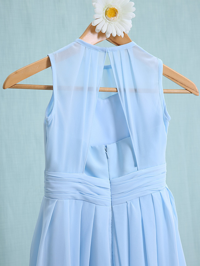 Sky Blue Long A-line Jewel Neck Knee Length Chiffon Junior Bridesmaid Dress