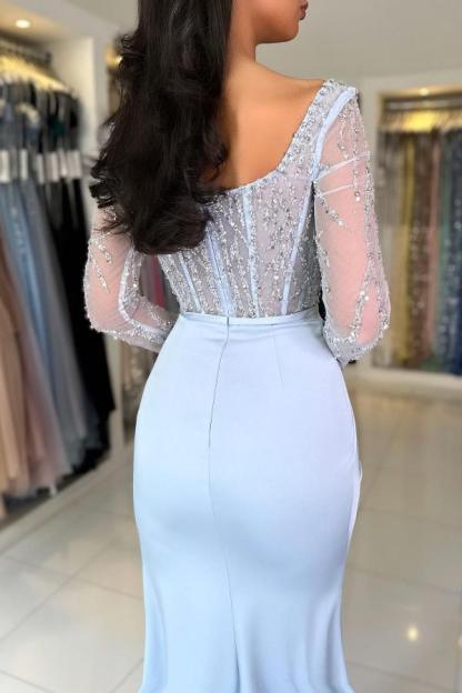 Long Sleeve Square Neck Mermaid Satin Floor Length Prom Dress with Sequins and Beads