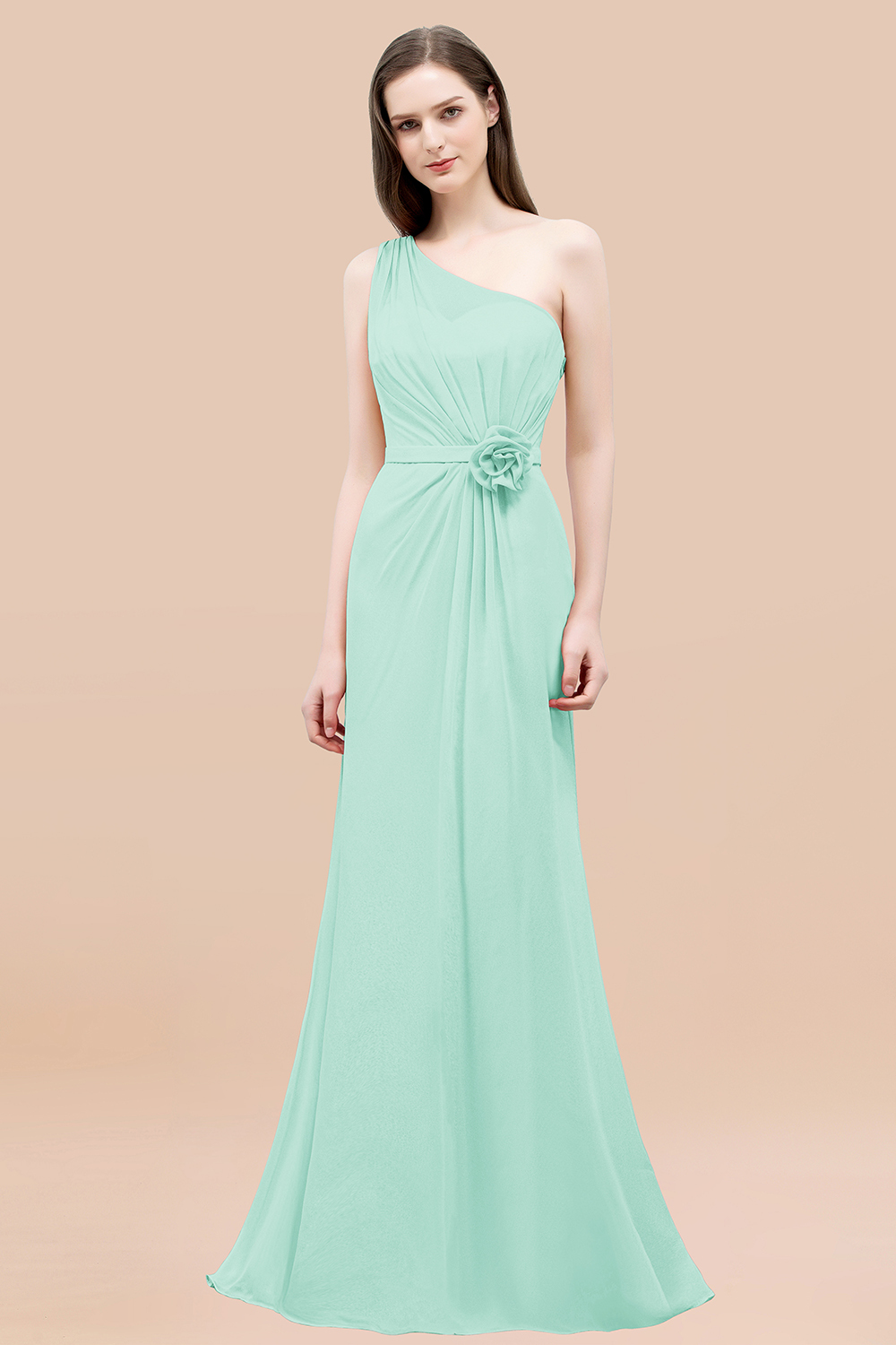 Mermaid Chiffon One-shoulder Sleeveless Ruffled Floor-Length Bridesmaid Dresses with Flower