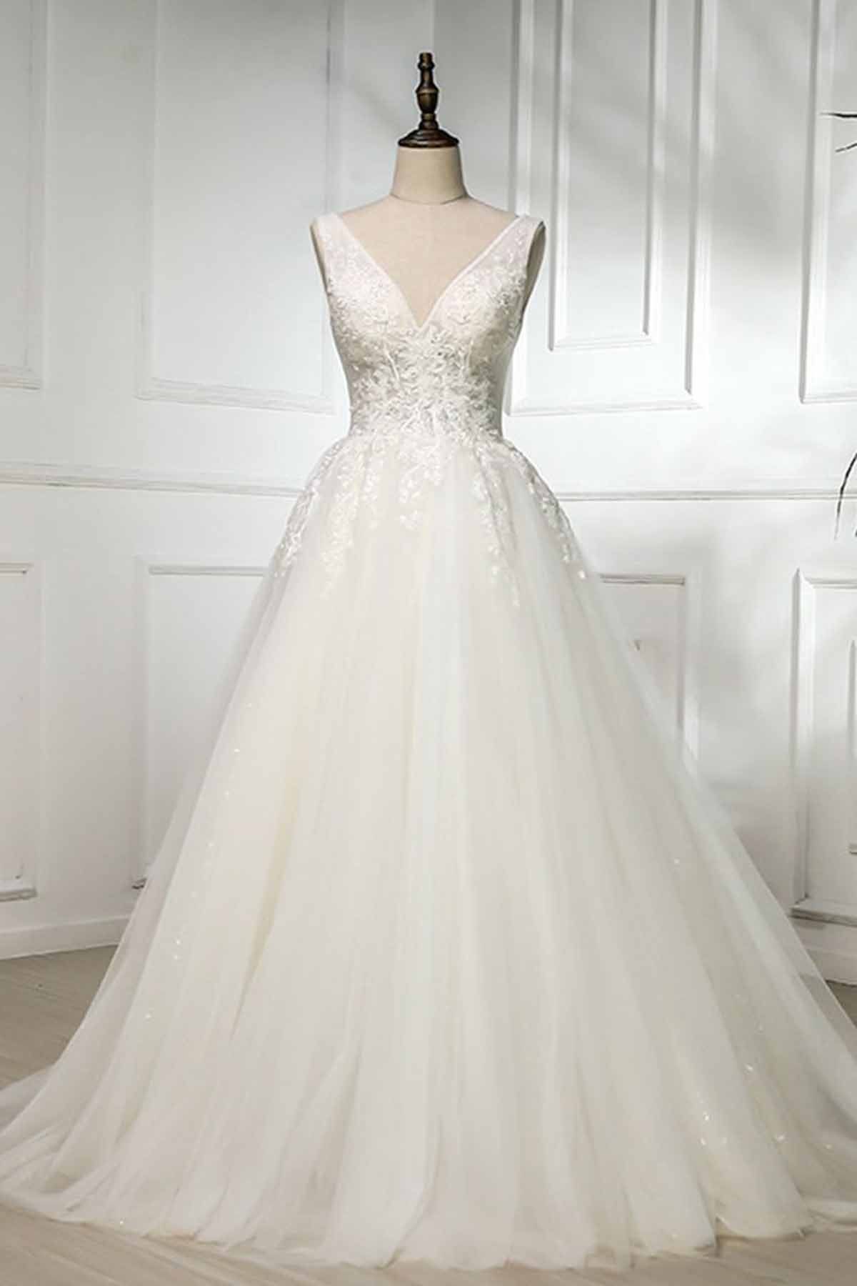 V Neck Long Lace White Lace Sweep Train Wedding Dress