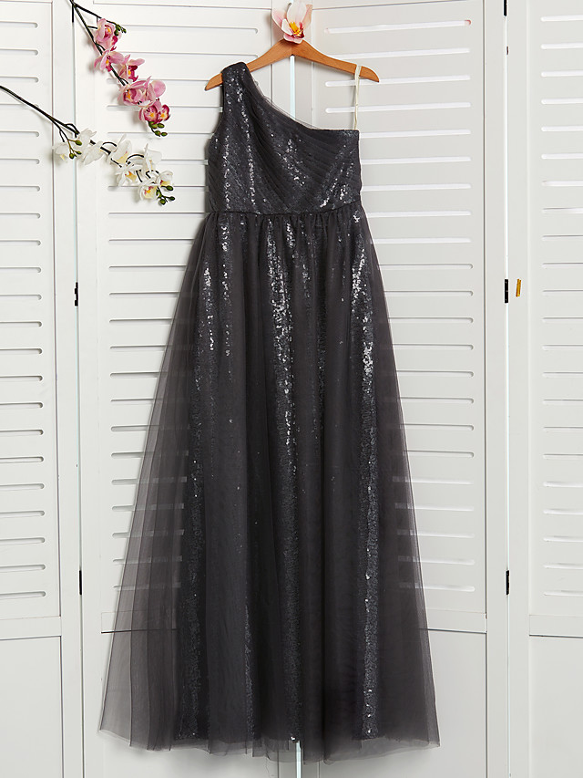 Long A-Line One Shoulder Tulle Junior Bridesmaid Dress