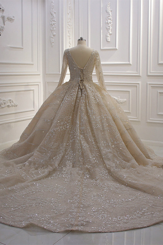 Glamorous Long Sleeve V-neck Sequin Beading Ruffles Ball Gown Wedding Dress