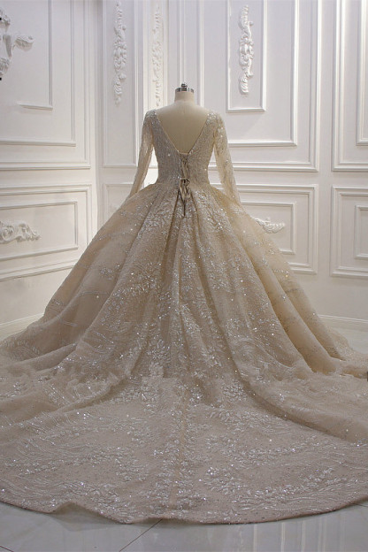Glamorous Long Sleeve V-neck Sequin Beading Ruffles Ball Gown Wedding Dress