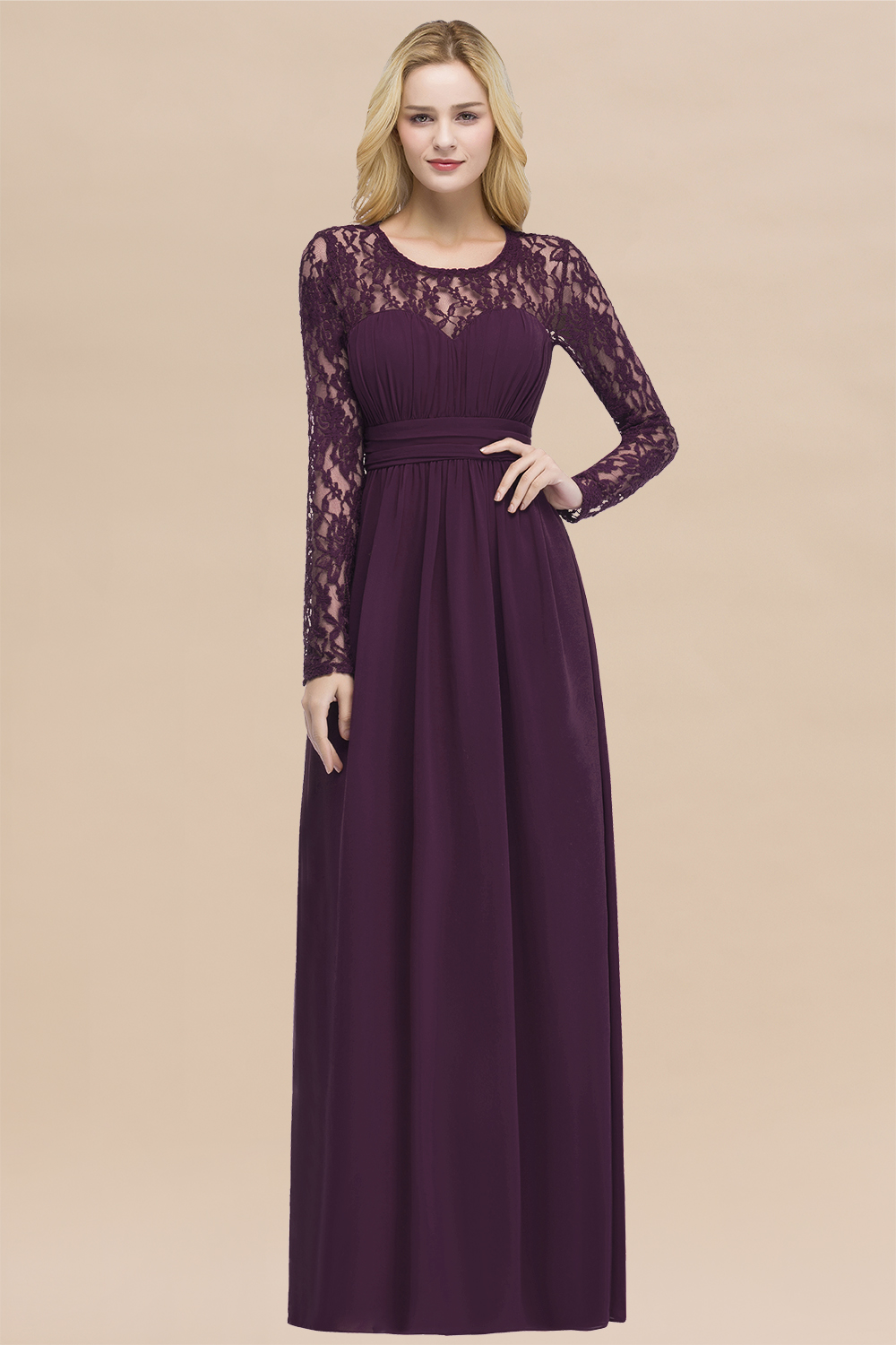 Elegant A-Line Chiffon Jewel Long Sleeves Ruffles Floor-Length Bridesmaid Dresses