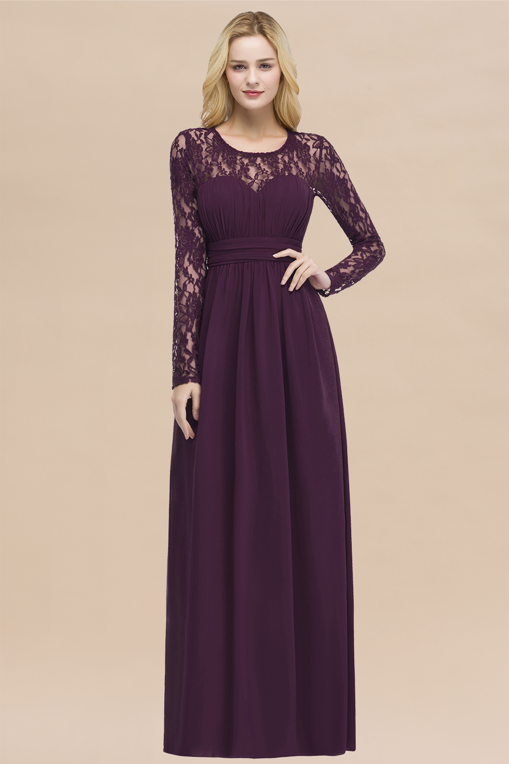 Elegant A-Line Chiffon Jewel Long Sleeves Ruffles Floor-Length Bridesmaid Dresses