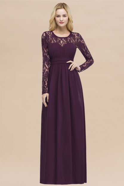 Elegant A-Line Chiffon Jewel Long Sleeves Ruffles Floor-Length Bridesmaid Dresses