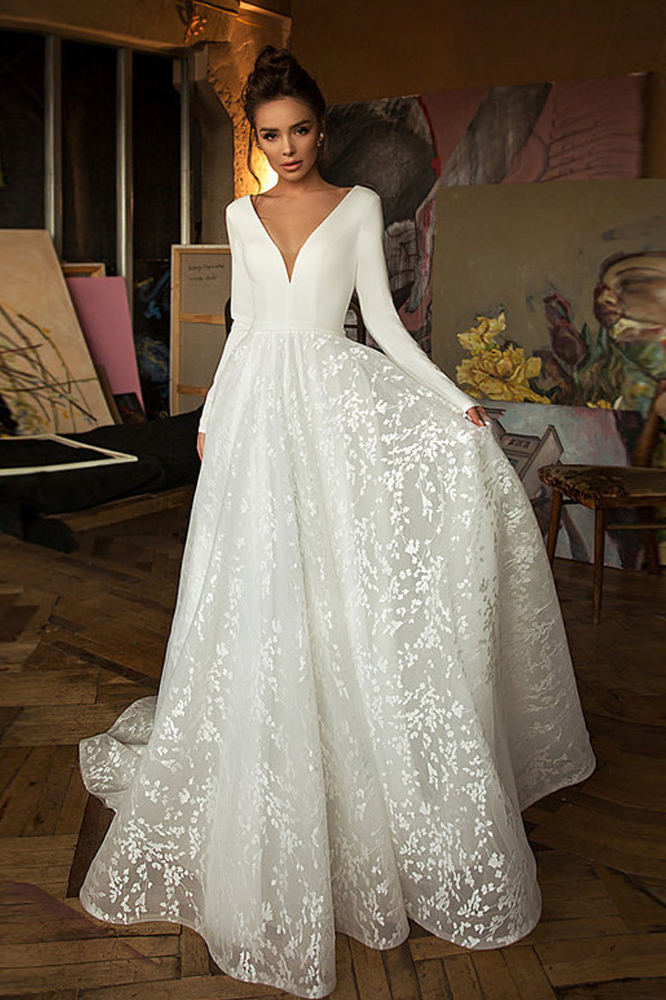 Long Sleeve V-neck Satin Backless Lace A-line Wedding Dress
