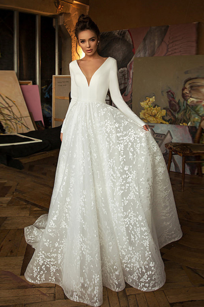 Long Sleeve V-neck Satin Backless Lace A-line Wedding Dress