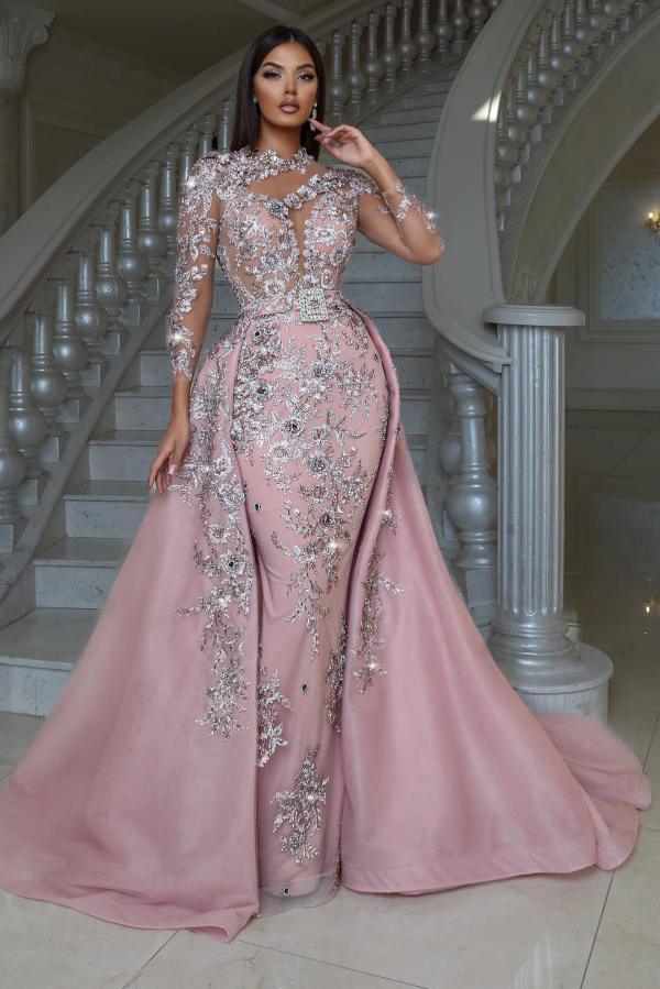 Long Sleeve Pink Satin Mermaid Floor Length Prom Dress with Detachable Train and Appliques