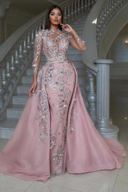 Long Sleeve Pink Satin Mermaid Floor Length Prom Dress with Detachable Train and Appliques