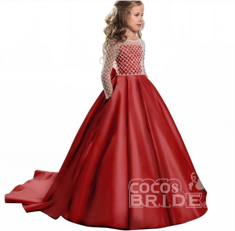 White Scoop Neck Long Sleeves Ball Gown Flower Girls Dress