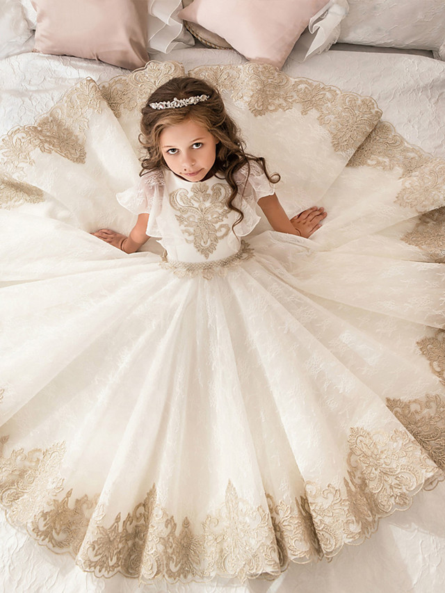 Ball Gown Floor Length Wedding / Birthday / Pageant Flower Girl Dresses - Lace / Tulle / Cotton Short Sleeve Jewel Neck With Lace / Beading / Embroidery