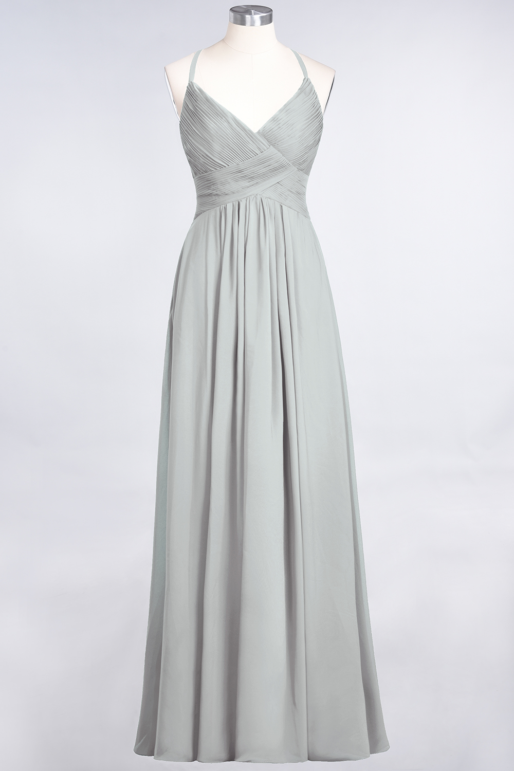 A-Line Chiffon Spaghetti-Straps V-Neck Sleeveless Floor-Length Bridesmaid Dress with Ruffles