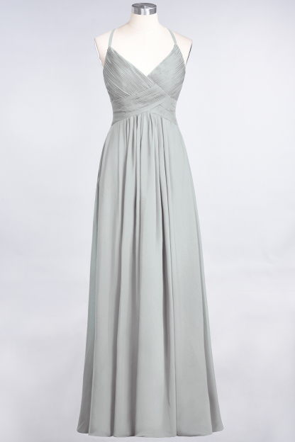 A-Line Chiffon Spaghetti-Straps V-Neck Sleeveless Floor-Length Bridesmaid Dress with Ruffles