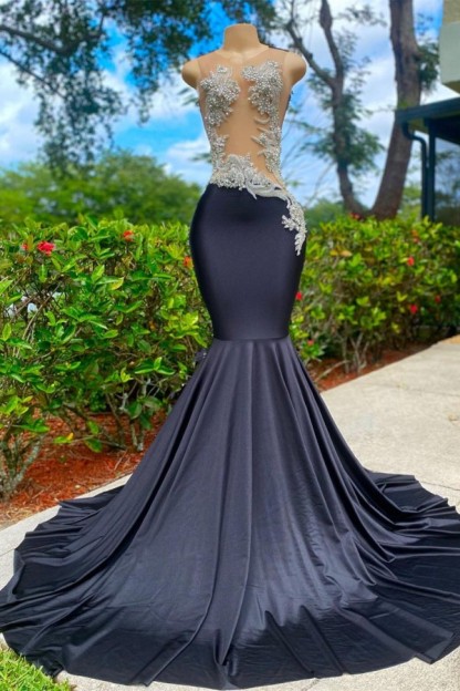 Black Long Mermaid Jewel Satin Tulle Lace Appliques Prom Dress