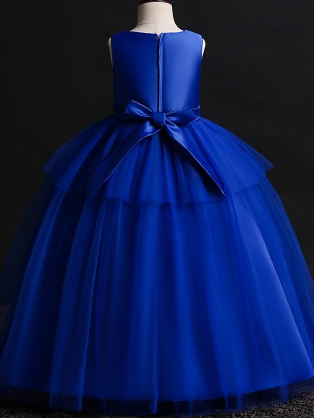 Princess / Ball Gown Floor Length Wedding / Party Flower Girl Dresses - Satin / Tulle Sleeveless Jewel Neck With Bow(S) / Appliques