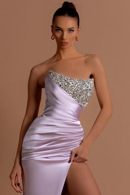 Strapless Split Front Long Satin Prom Dress with Ruffles and Beads