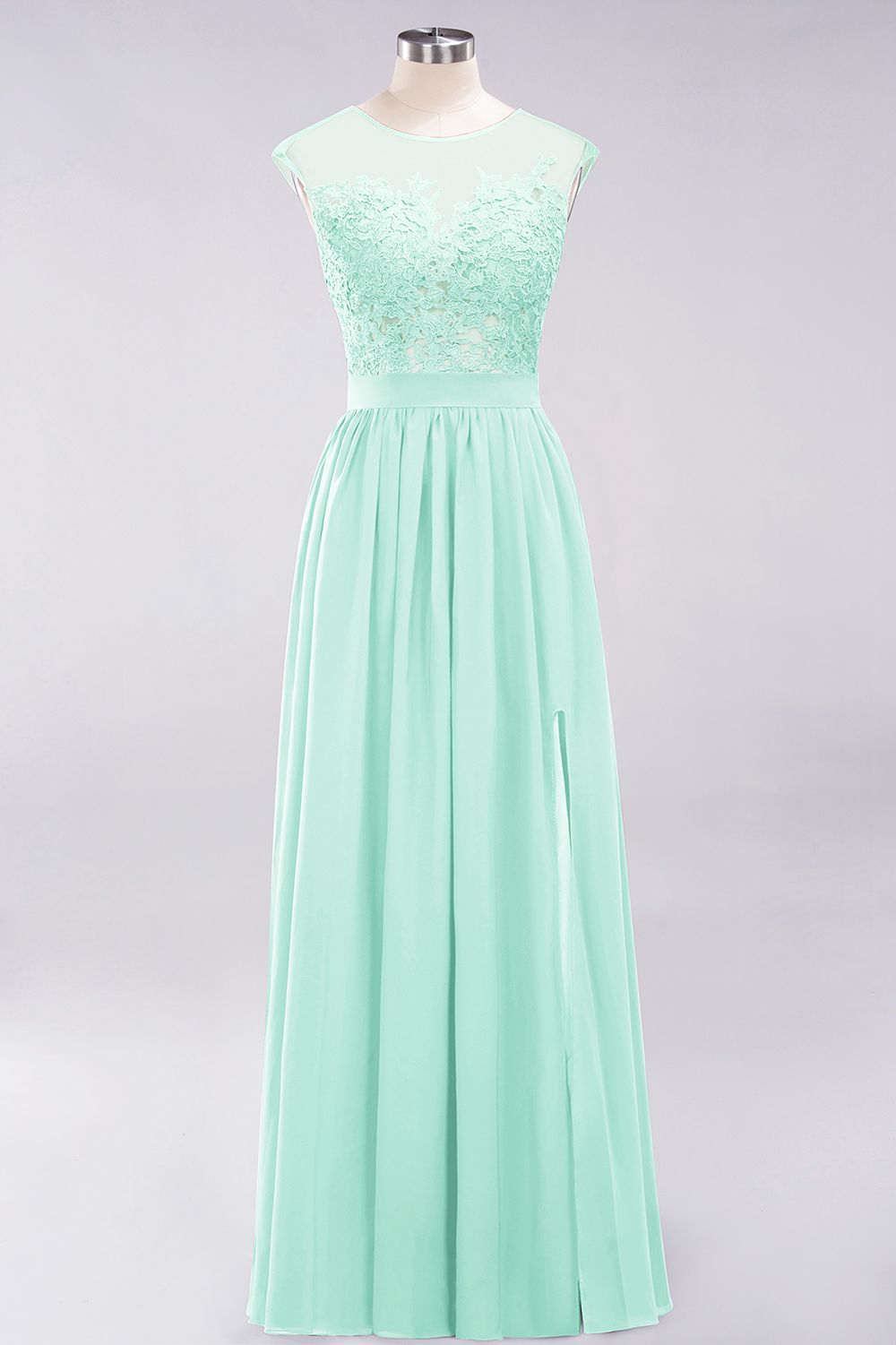 A-line Chiffon Lace Jewel Sleeveless Floor-Length Bridesmaid Dresses with Appliques