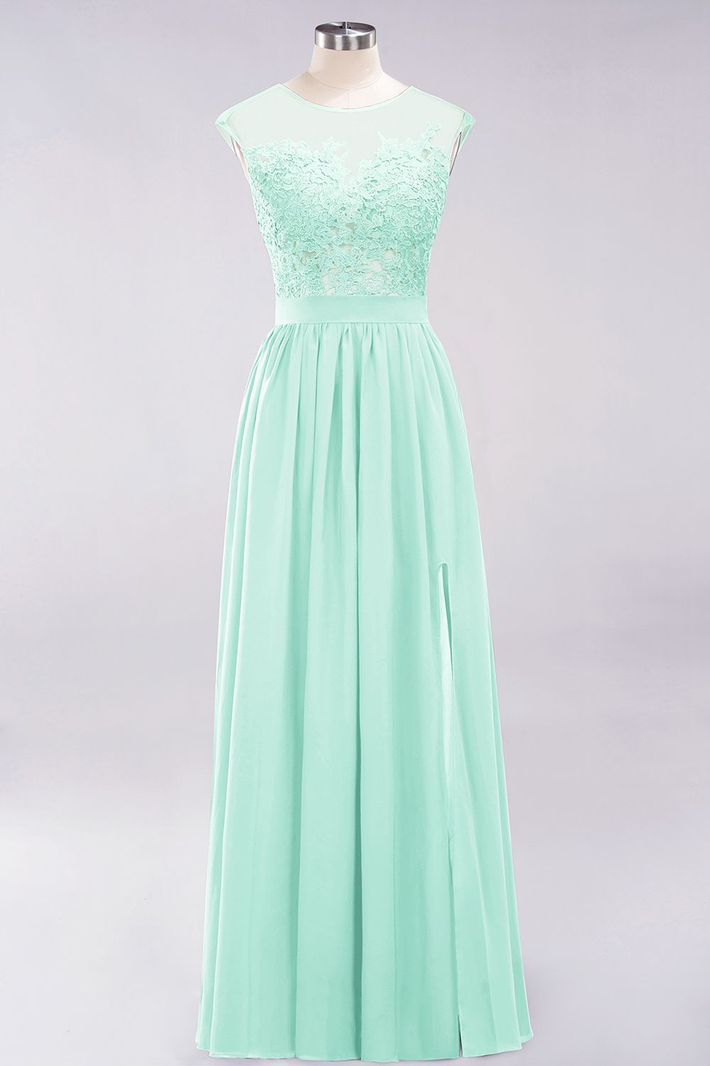 A-line Chiffon Lace Jewel Sleeveless Floor-Length Bridesmaid Dresses with Appliques