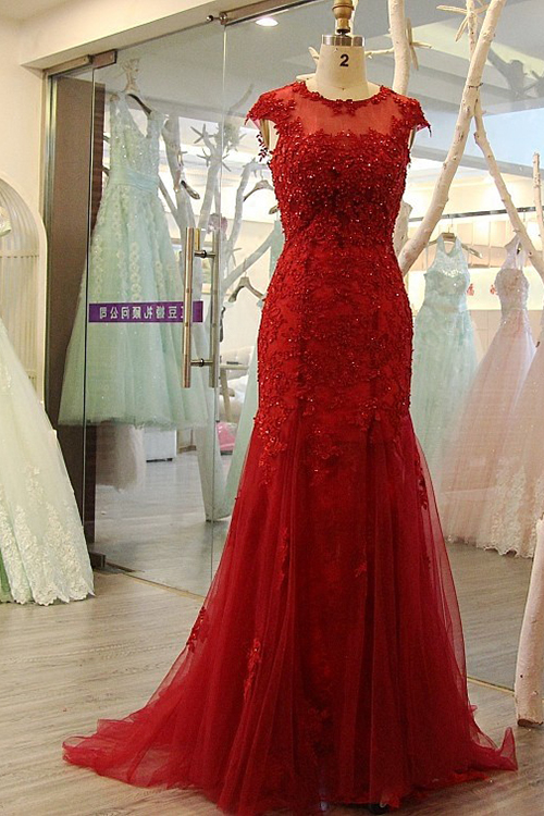 Glamorous Bateau Appliques Tulle Sequins Mermaid Floor-length Prom Dress