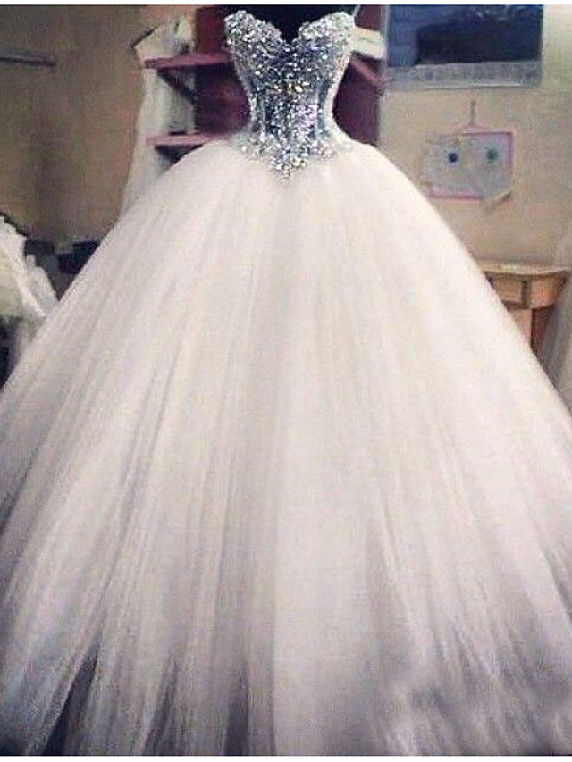 Long Ball Gown Sweetheart  Floor Length Lace Tulle Sleeveless Wedding Dresses
