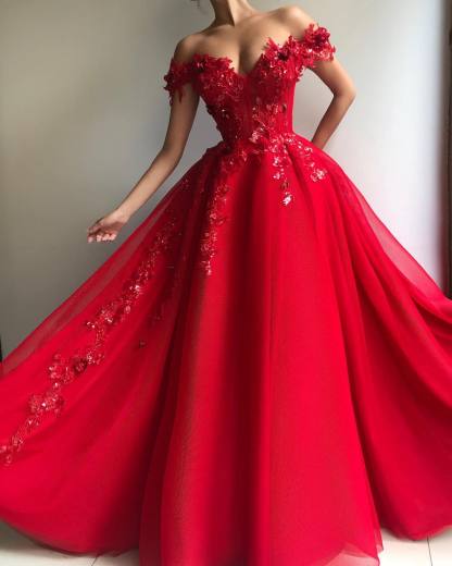 Excellent Red Long A-line Off-the-shoulder Tulle Appliques Lace Prom Dress