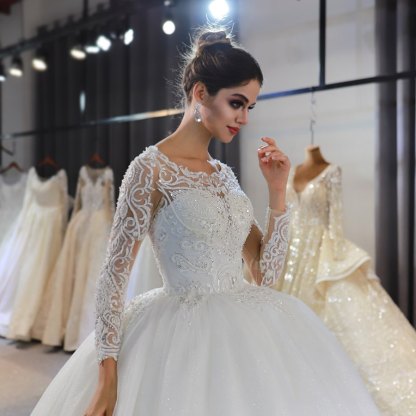 Gorgeous Long Ball Gown Bateau Long Sleeve Appliques Lace Sequins Floor-length Wedding Dress