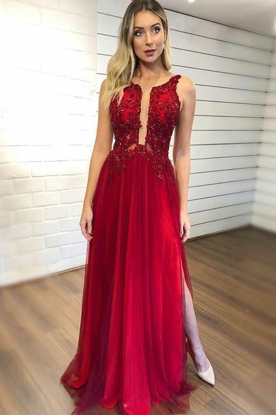 Decent Red Beading V-neck Sleeveless A-Line Prom Dresses with Slit