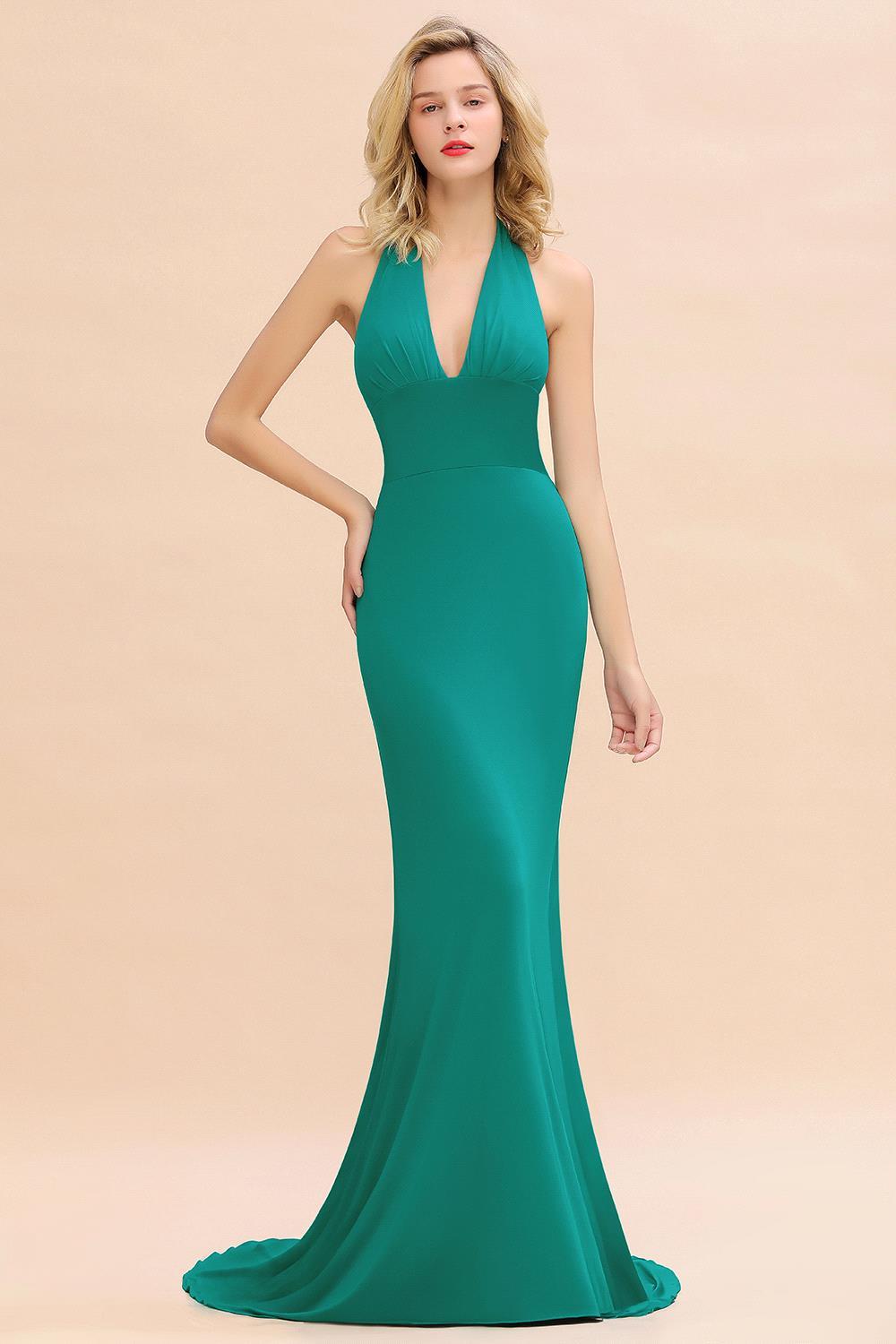 Elegant Halter Deep V-neck Open Back Floor-length Mermaid Prom Dress