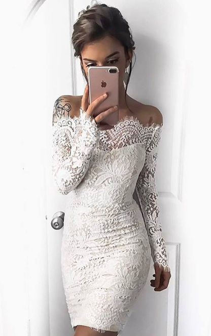 Simple Short Mermaid Lace Homecoming Dresses with Long Sleeves