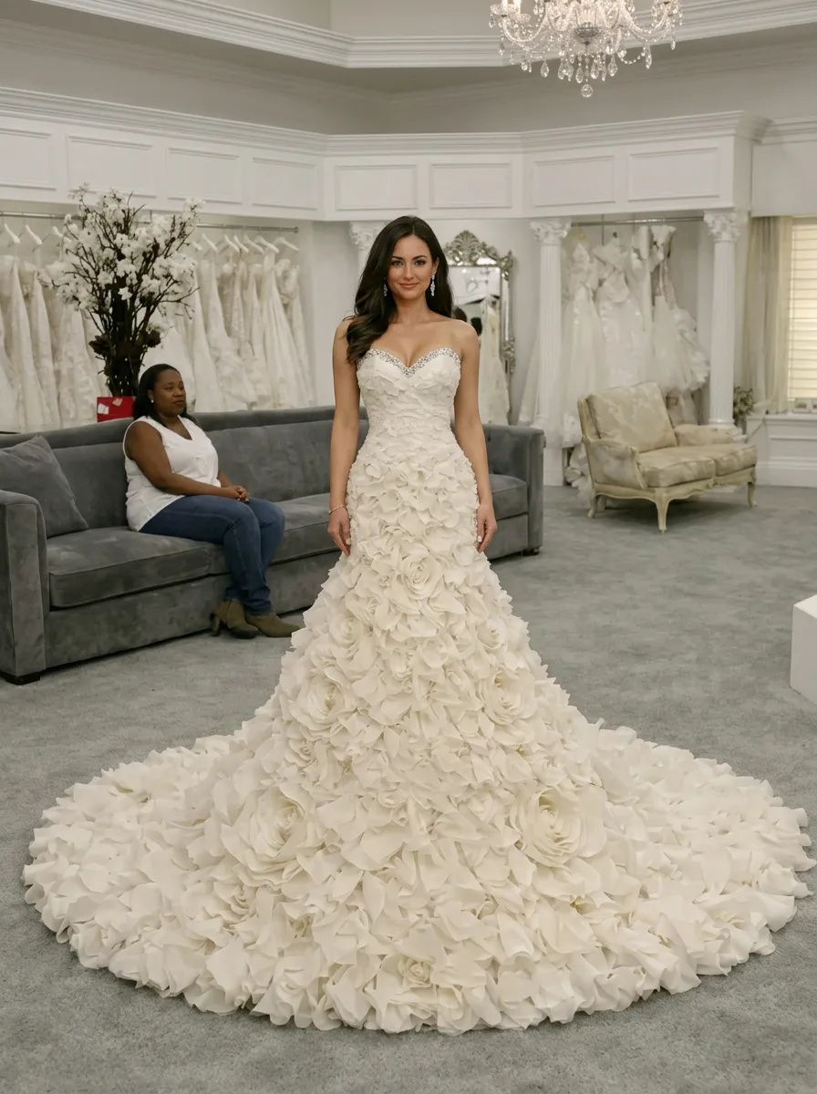 Ivory Strapless Sweetheart Mermaid Wedding Dress with 3D Floral Ruffle Train