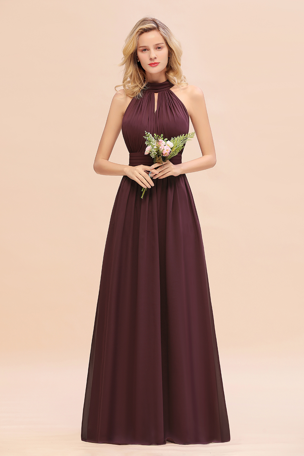 BM0758 Glamorous High-Neck Halter Bridesmaid Affordable Dresses with Ruffle