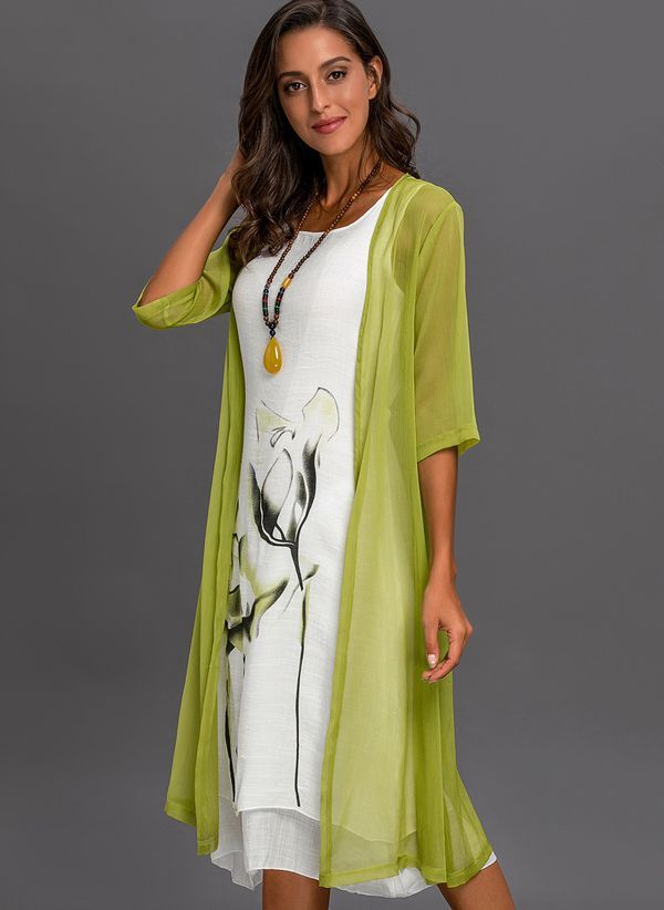 Floral Wrap Round Neckline Midi X-line Dress