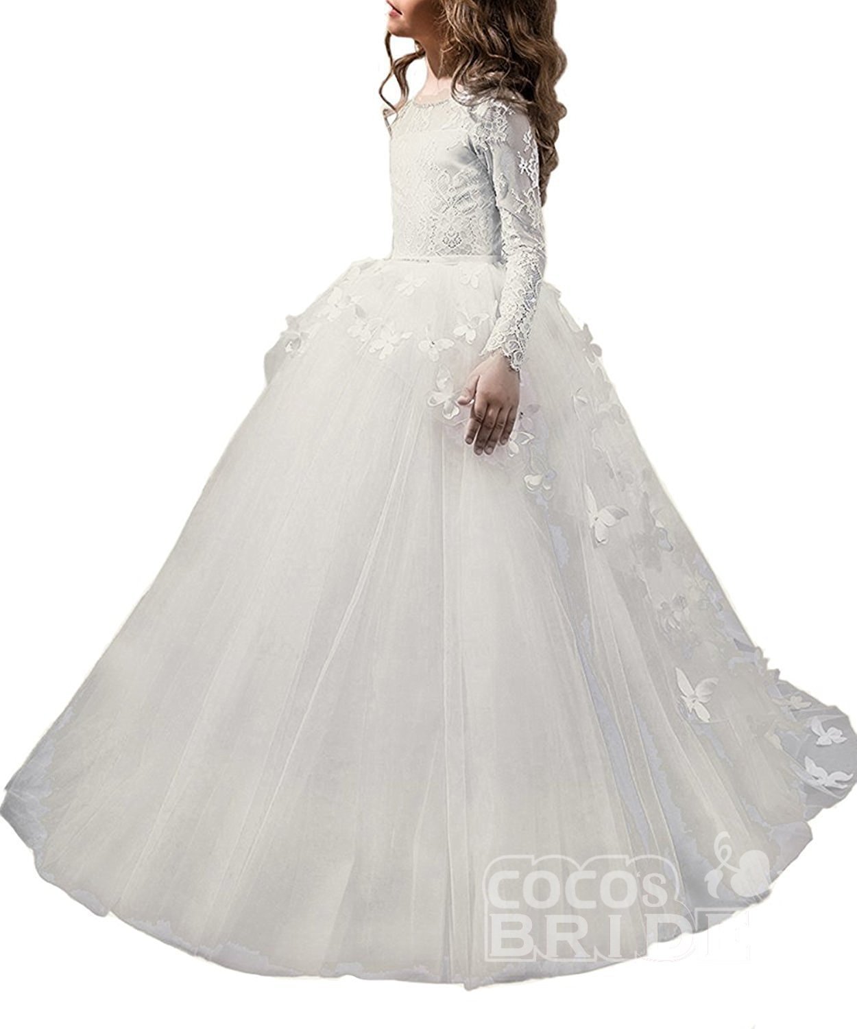 White Scoop Neck Long Sleeves Ball Gown Flower Girls Dress