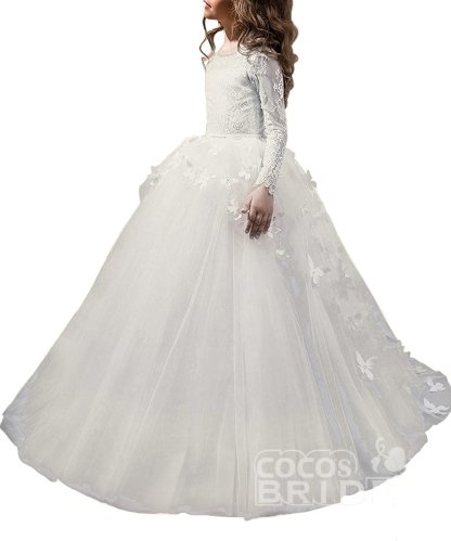 White Scoop Neck Long Sleeves Ball Gown Flower Girls Dress
