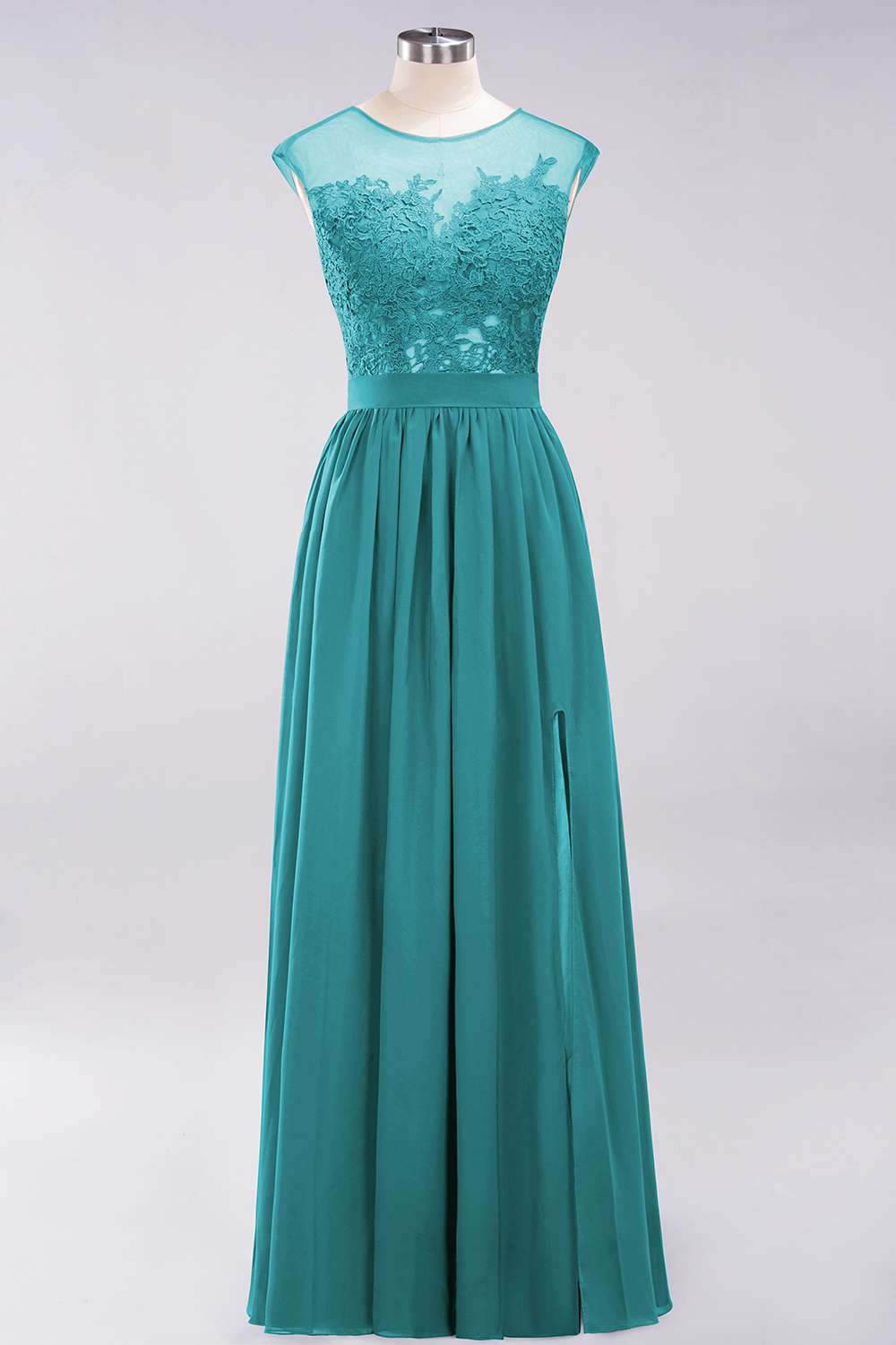 A-line Chiffon Lace Jewel Sleeveless Floor-Length Bridesmaid Dresses with Appliques