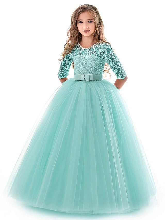 Princess Long Length Wedding / Party / Pageant Flower Girl Dresses - Lace / Tulle Half Sleeve Jewel Neck With Lace / Belt