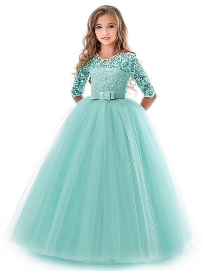 Princess Long Length Wedding / Party / Pageant Flower Girl Dresses - Lace / Tulle Half Sleeve Jewel Neck With Lace / Belt