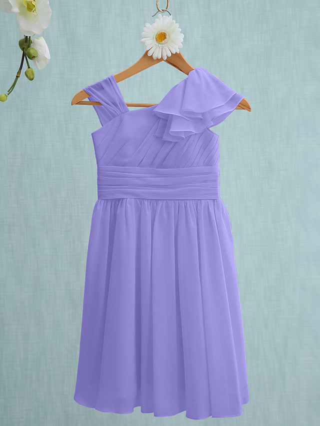 Sheath / Column Straps Knee Length Chiffon Junior Bridesmaid Dress With Ruffles / Side Draping / Natural