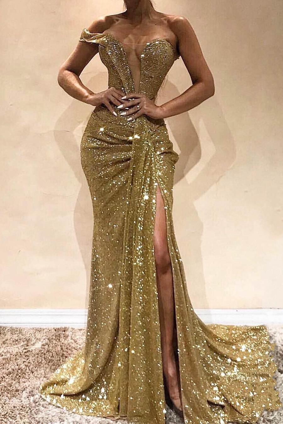 Sparkly Long Off-the-shoulder Sequins Mermaid Ruffles Prom Dress With Slit